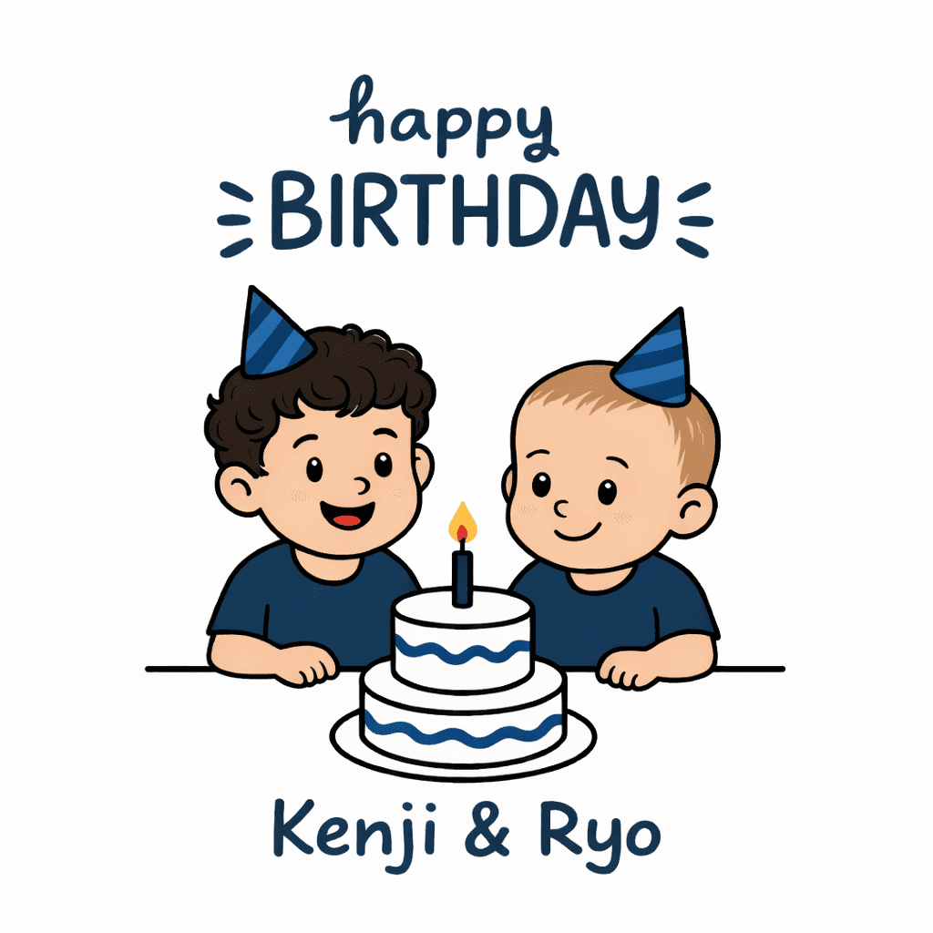 Illustratie: Kenji en Ryo met verjaardagstaart